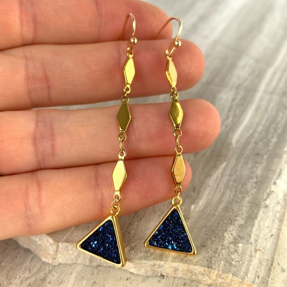 Blue Druzy triangle Long Diamond Chain Earrings ~ NWT - Picture 2 of 5